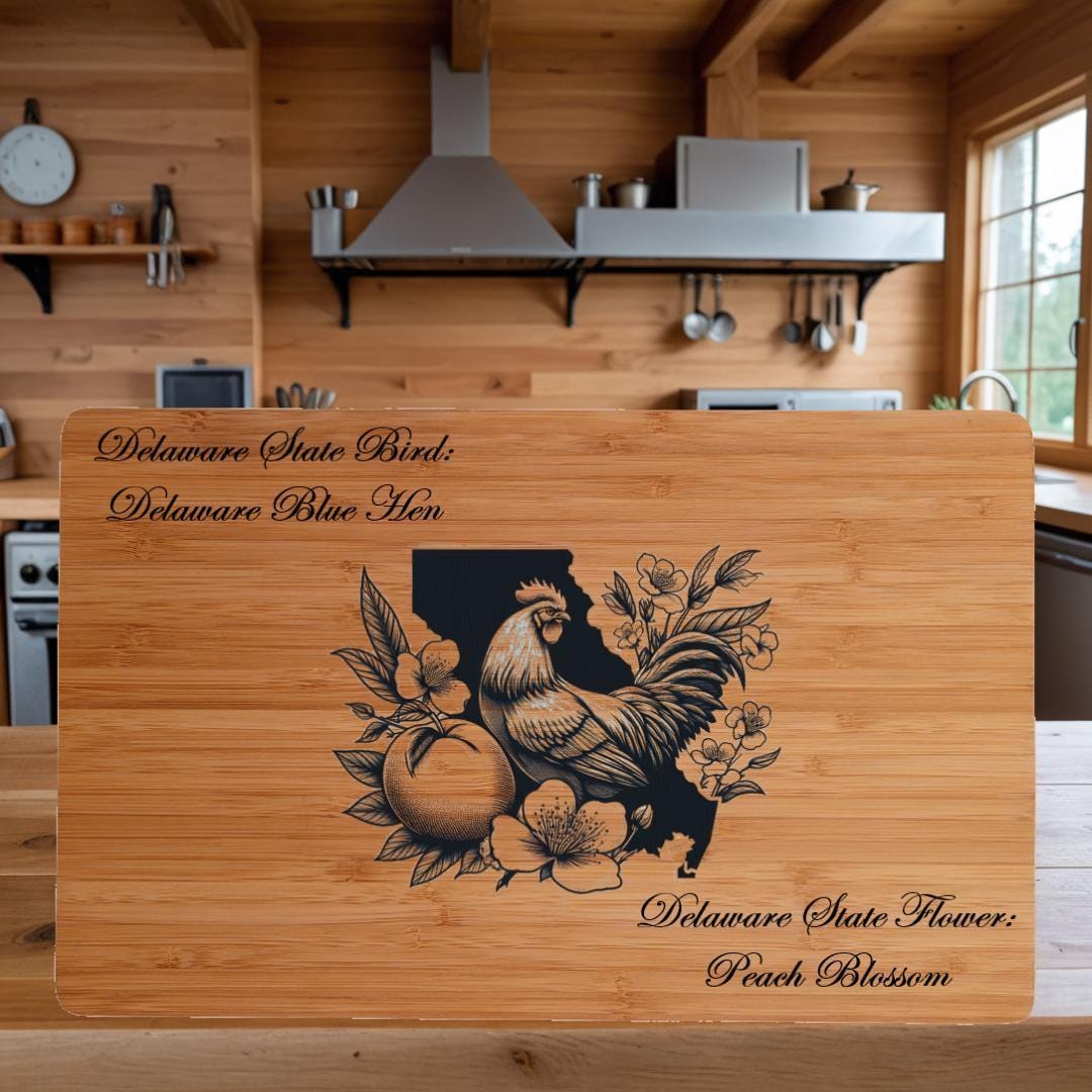 Personalized Cutting Board with Delaware State Bird and State Flower. Retirement Gift, Birthday, Anniversary or Housewarming Gift.