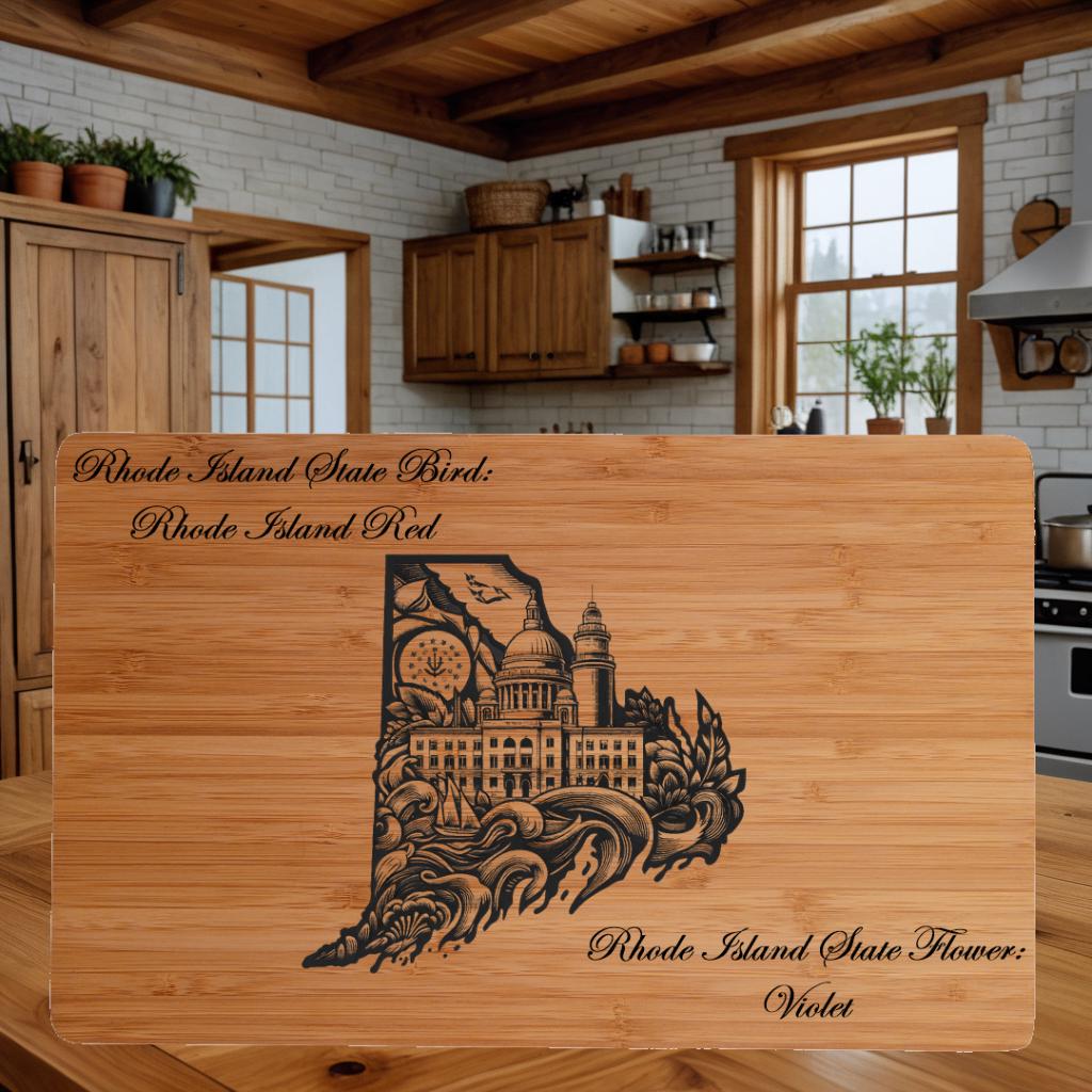 Custom Cutting Board with Rhode Island State Bird and State Flower. Retirement Gift, Birthday, Anniversary or Housewarming Gift.