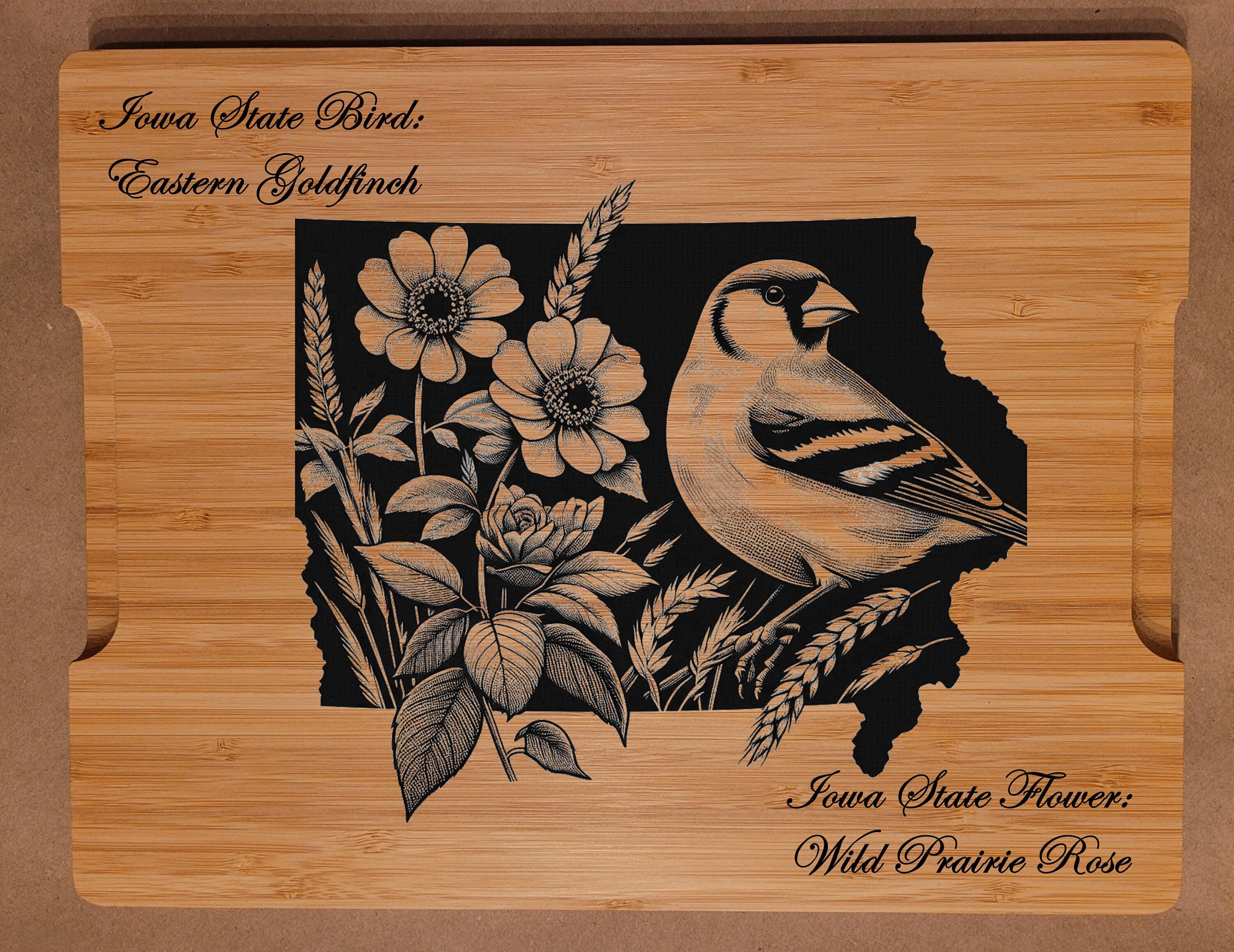 Personalized Cutting Board with Iowa State Bird and State Flower. Retirement Gift, Birthday, Anniversary or Housewarming Gift.