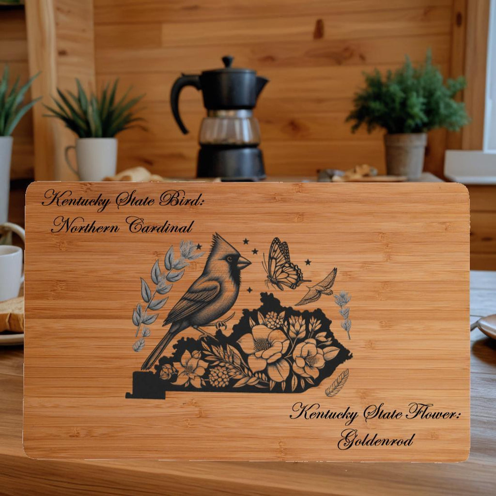 Kentucky State Bird and Flower Cutting Board: Engraved Bamboo