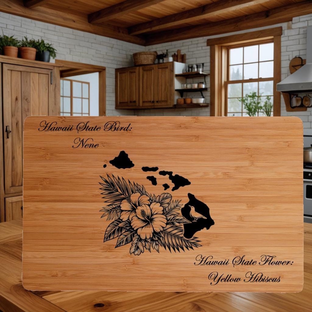Personalized Cutting Board with Hawaii State Bird and State Flower. Retirement Gift, Birthday, Anniversary or Housewarming Gift.