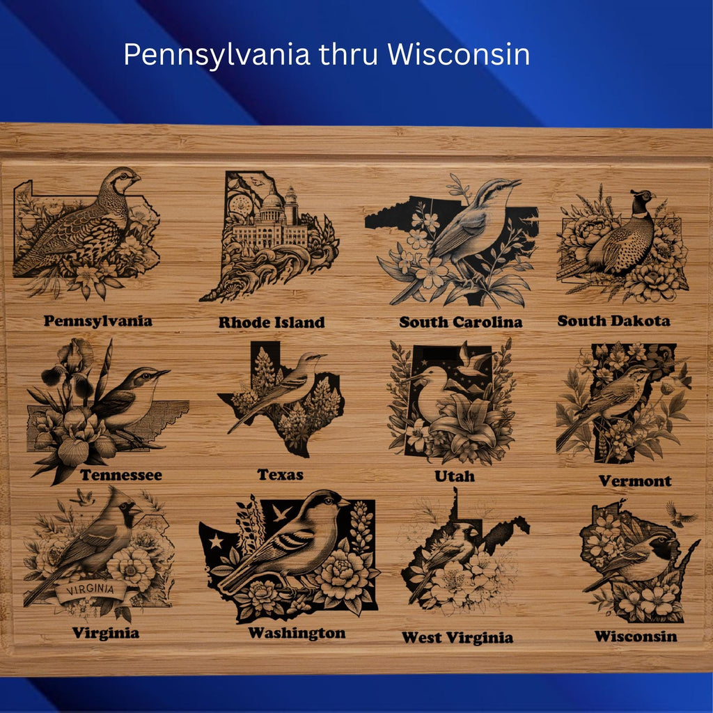 Custom Cutting Board with Indiana State Bird and State Flower. Retirement Gift, Birthday, Anniversary or Housewarming Gift.