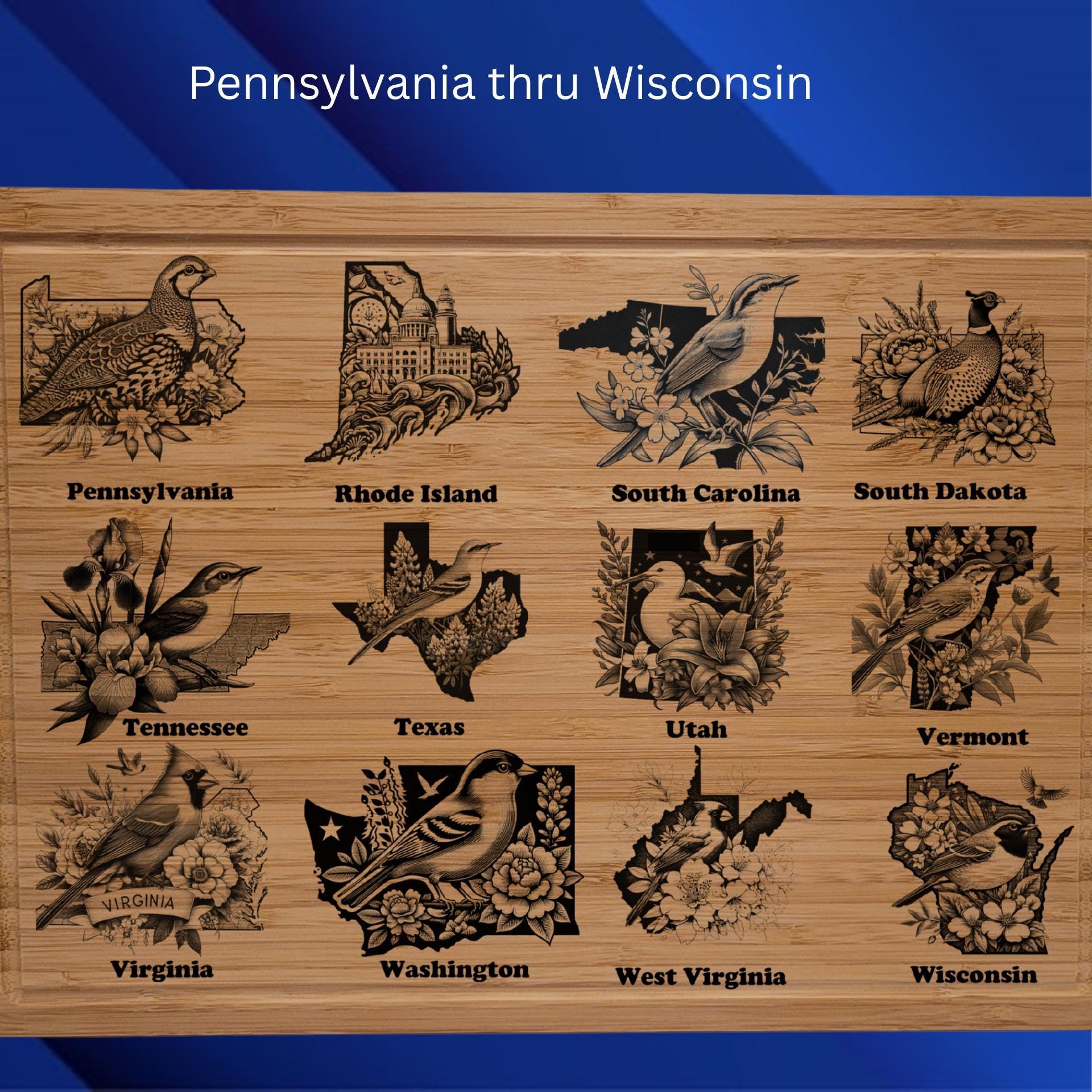 Custom Cutting Board with Indiana State Bird and State Flower. Retirement Gift, Birthday, Anniversary or Housewarming Gift.