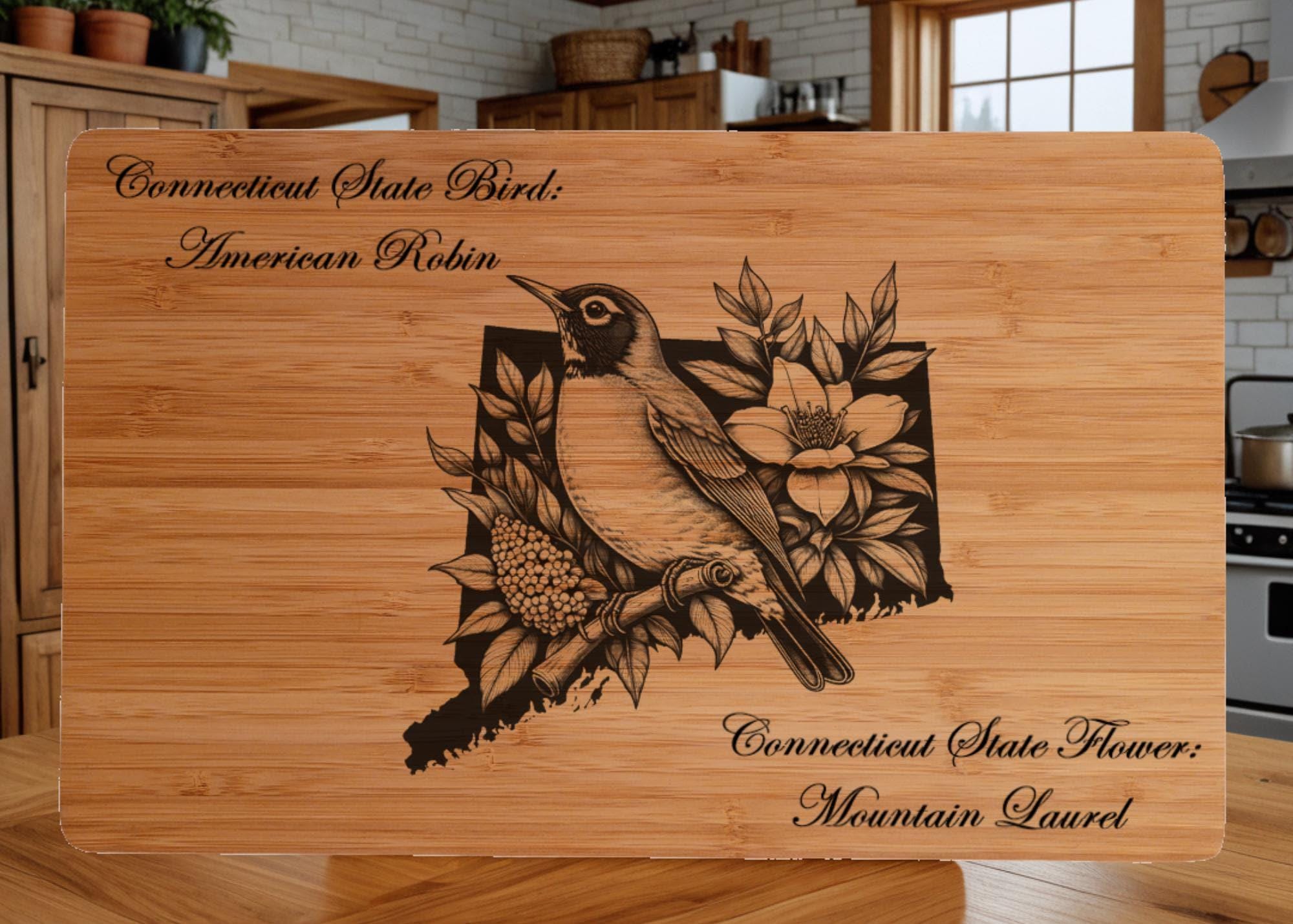 Connecticut State Bird and Flower Bamboo Cutting Board: Engraved Gift