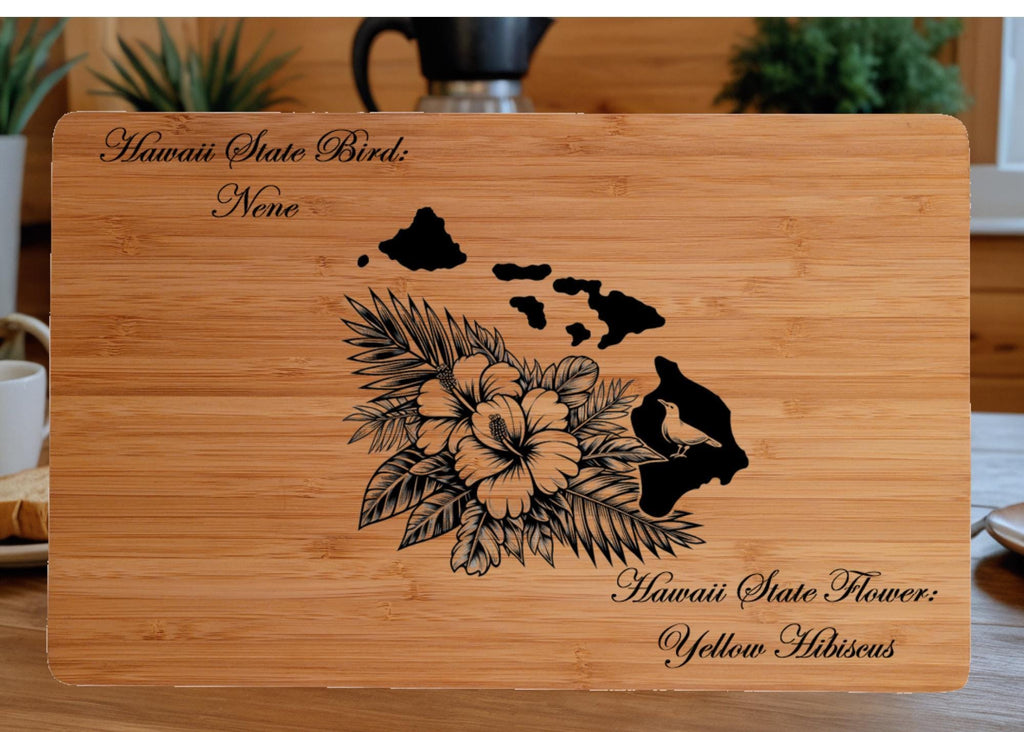 Personalized Cutting Board with Hawaii State Bird and State Flower. Retirement Gift, Birthday, Anniversary or Housewarming Gift.