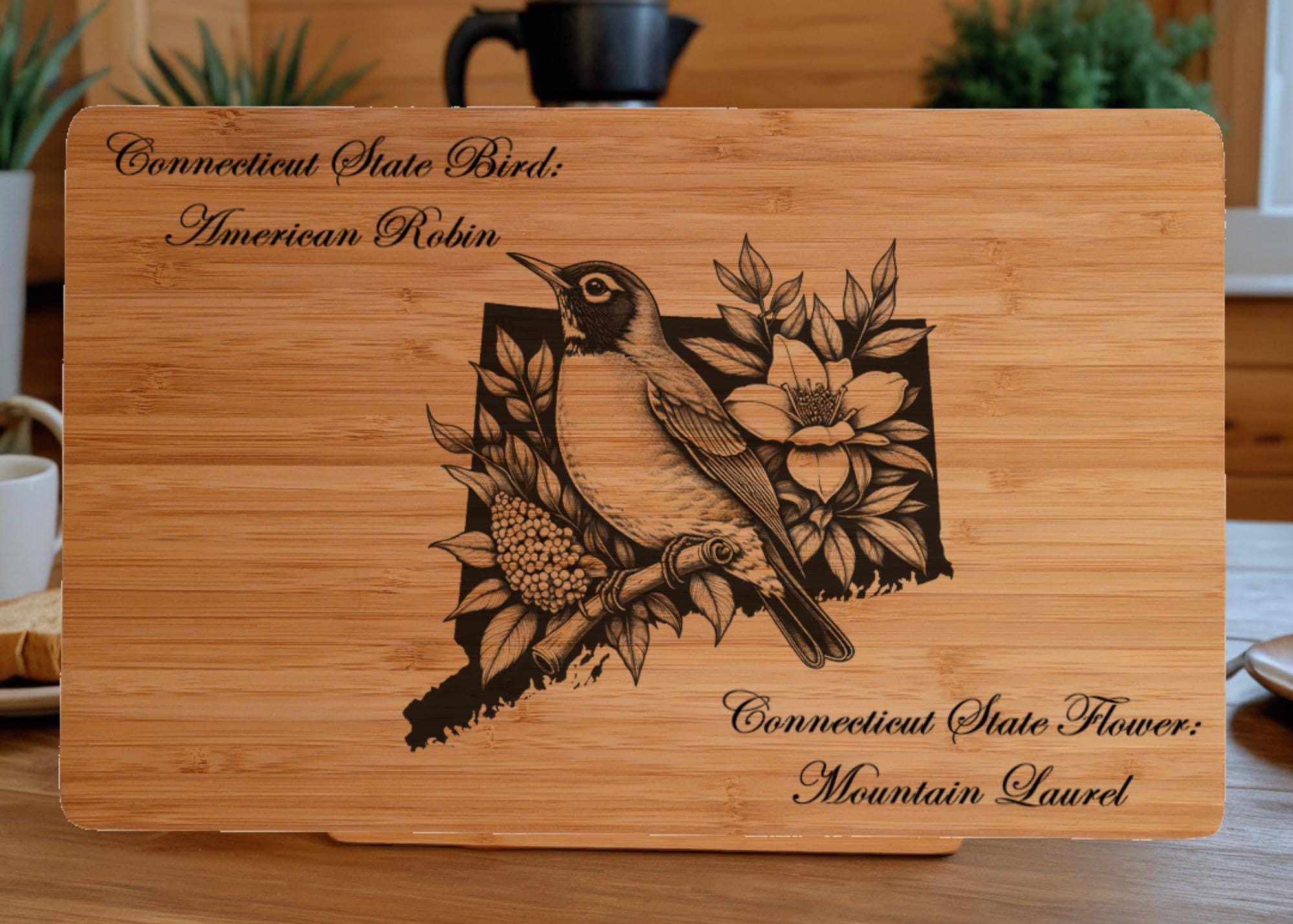 Connecticut State Bird and Flower Bamboo Cutting Board: Engraved Gift