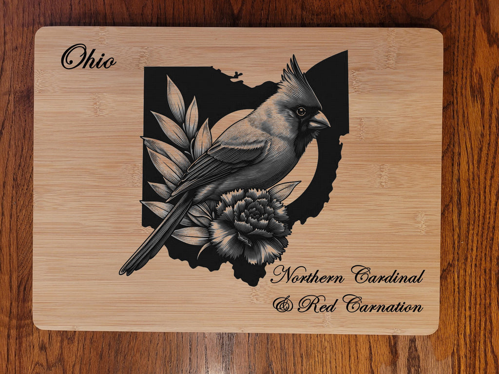 Personalized Ohio Cutting Board: State Bird & Flower Engraved Bamboo