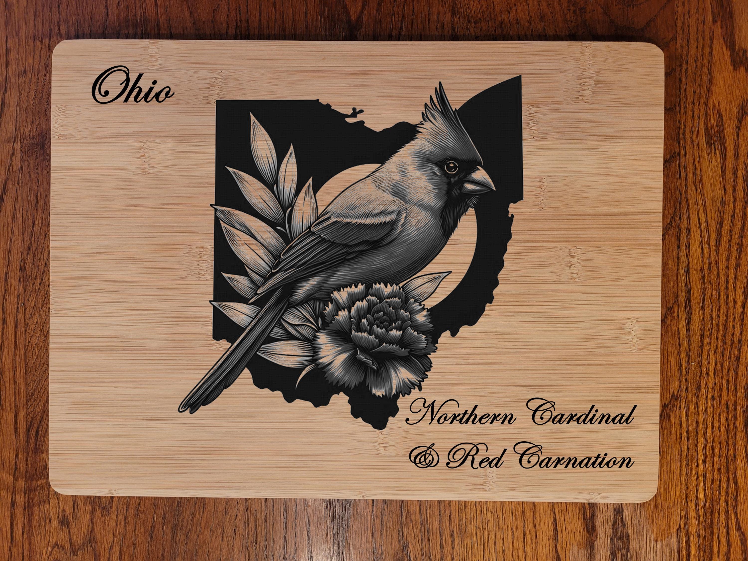 Personalized Ohio Cutting Board: State Bird & Flower Engraved Bamboo