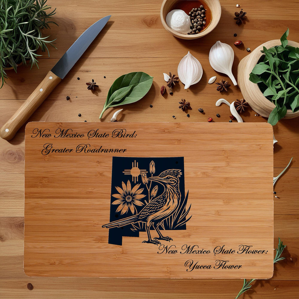 Personalized New Mexico Cutting Board: State Bird & Flower Engraved Bamboo