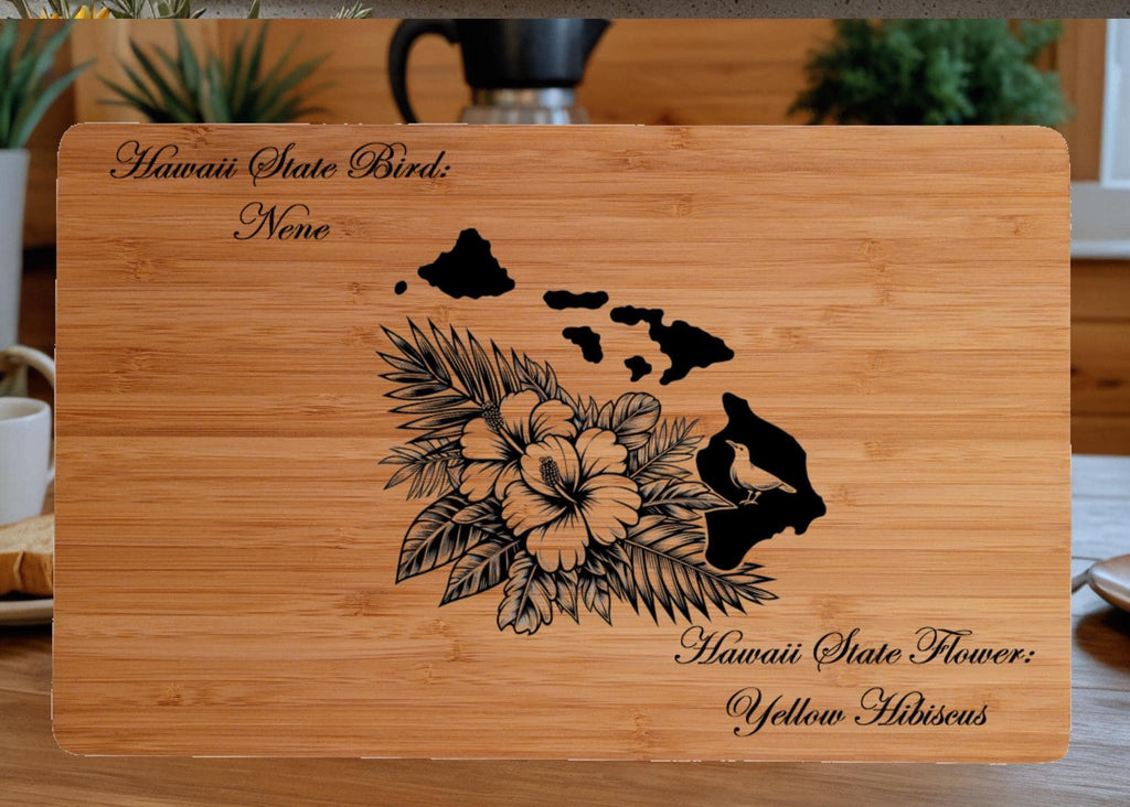Personalized Cutting Board with Hawaii State Bird and State Flower. Retirement Gift, Birthday, Anniversary or Housewarming Gift.