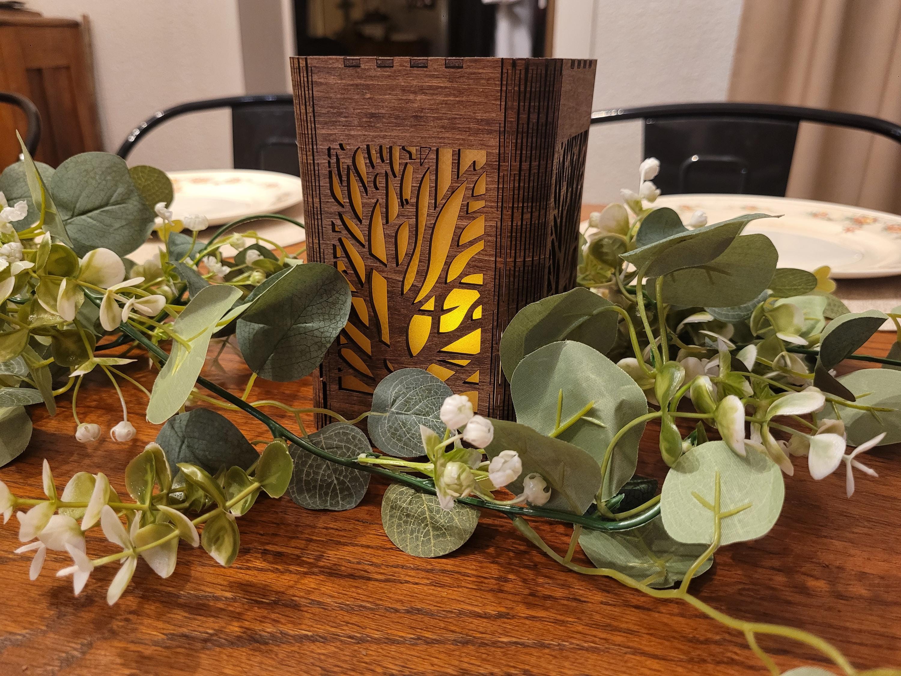 Nature Scene Tea Light Lantern: Personalized Candle Holder with Laser Cut Corners.