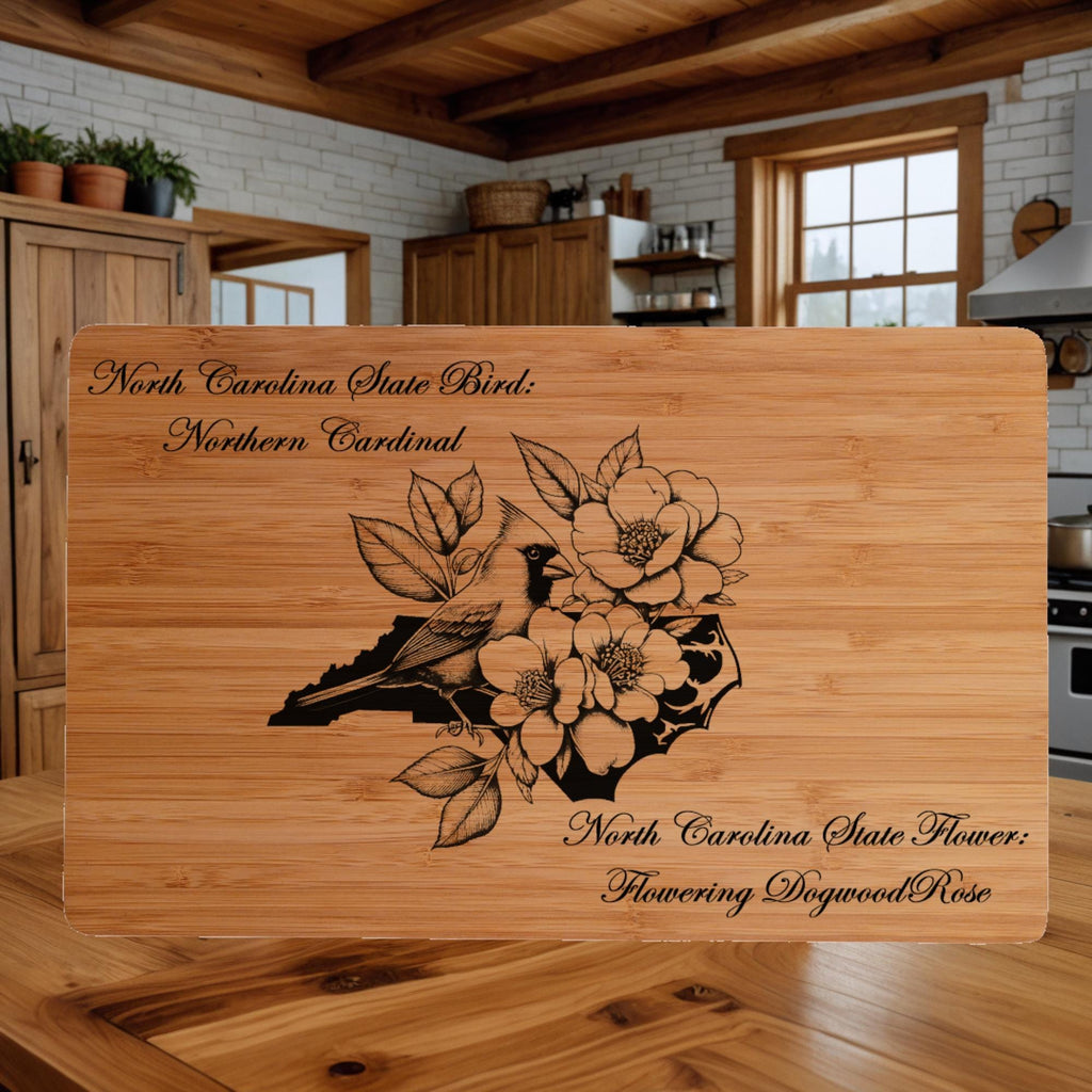 Personalized North Carolina Cutting Board: State Bird & Flower Engraved Bamboo
