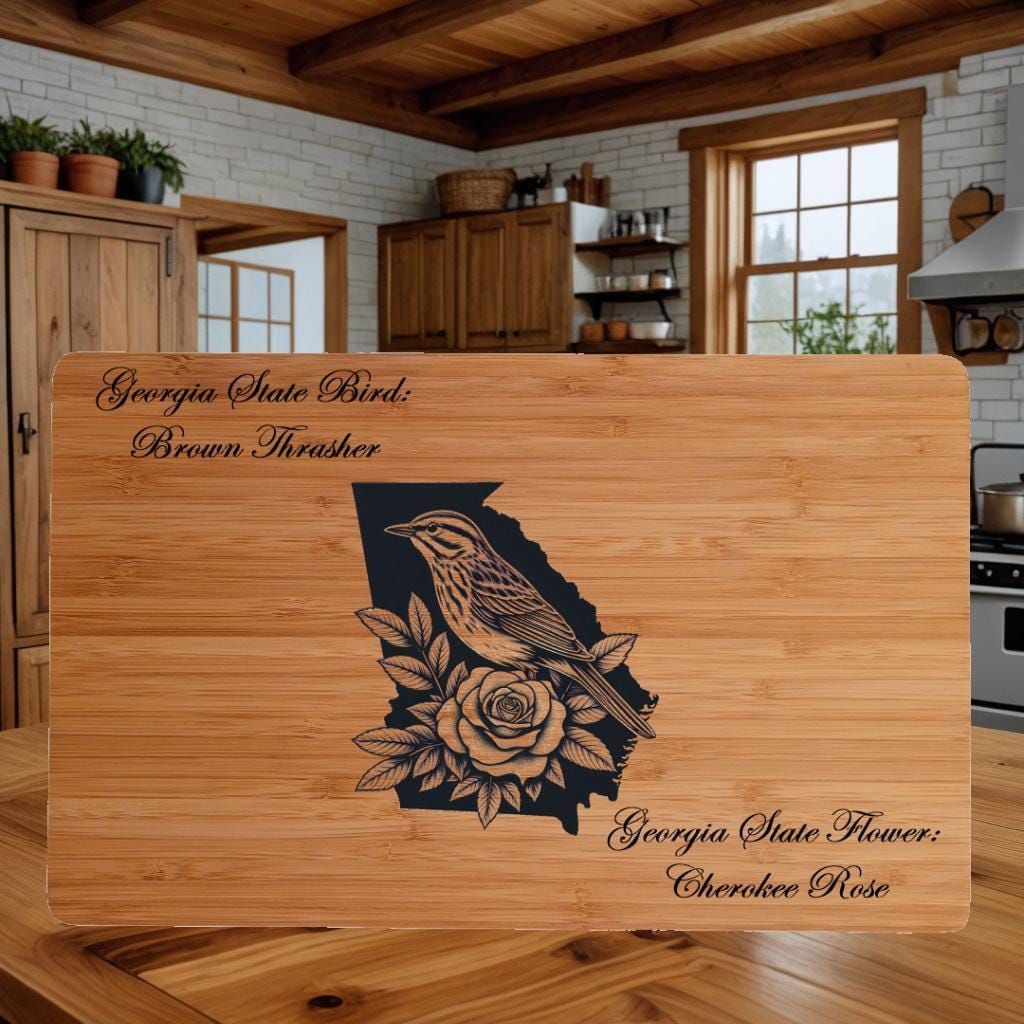 Georgia State Bird and Flower Engraved Bamboo Cutting Board