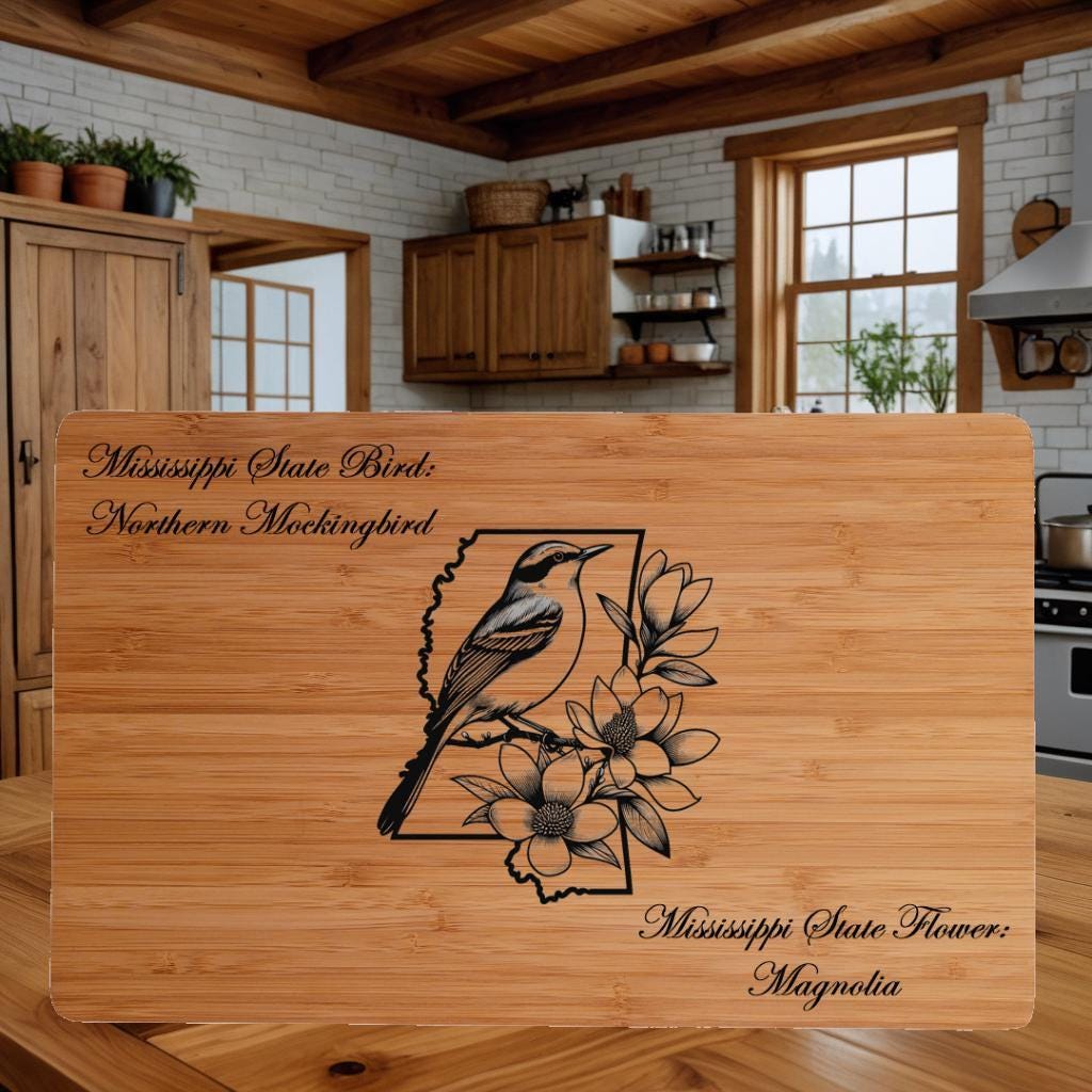 Personalized Mississippi Cutting Board: State Bird & Flower Engraved Bamboo