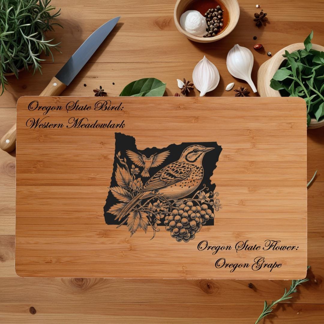 Personalized Cutting Board with Oregon State Bird and State Flower. Retirement Gift, Birthday, Anniversary or Housewarming Gift.