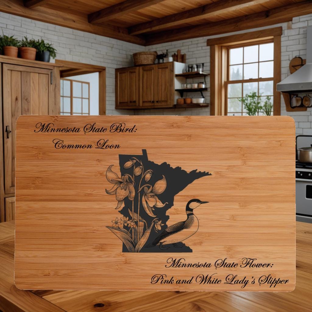 Minnesota State Bird and Flower Engraved Bamboo Cutting Board