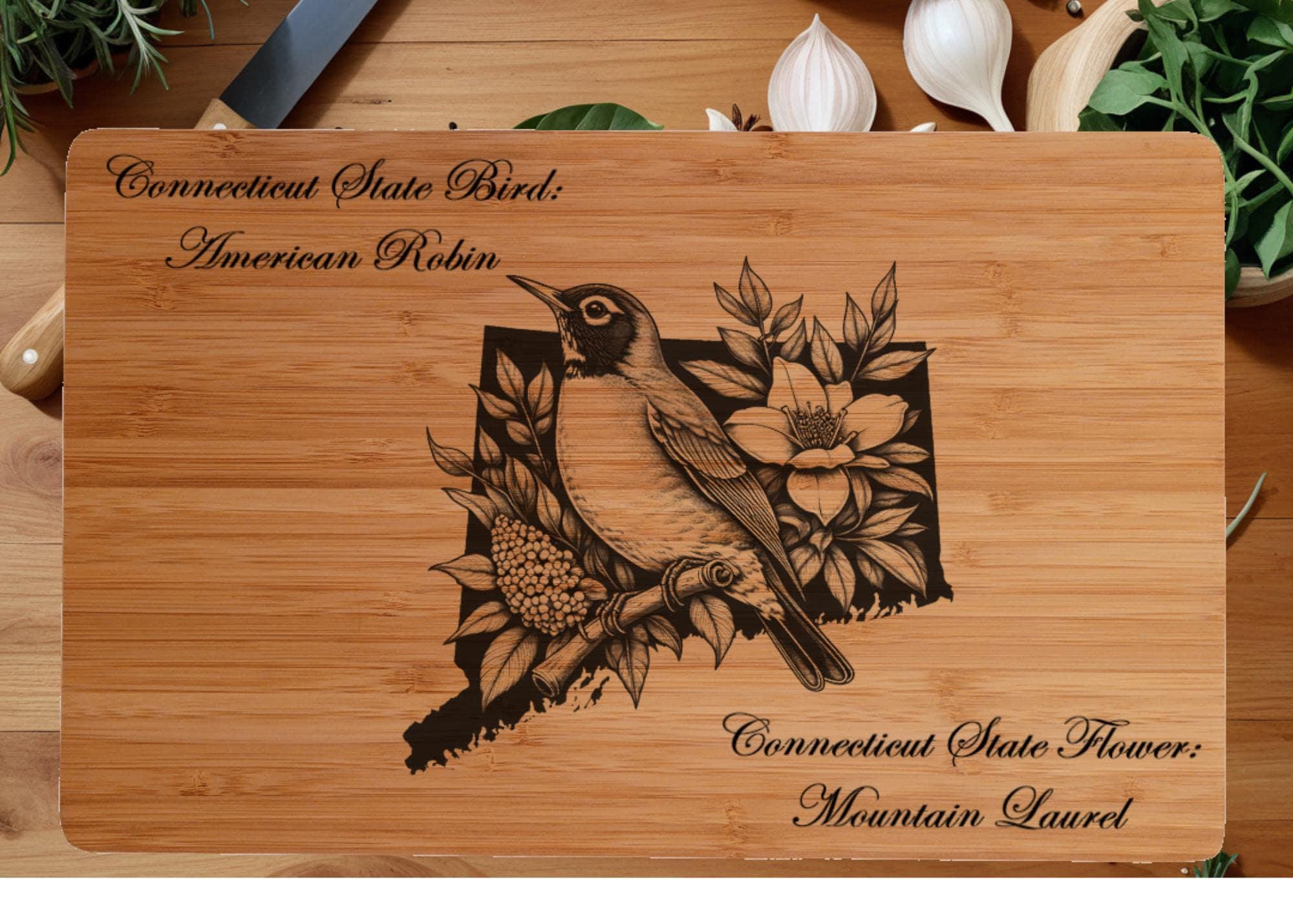 Connecticut State Bird and Flower Bamboo Cutting Board: Engraved Gift