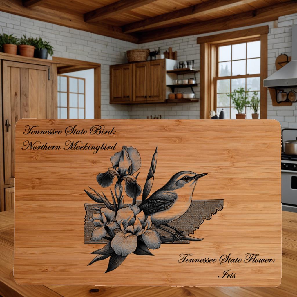 Engraved Bamboo Cutting Board: Tennessee State Bird & Flower