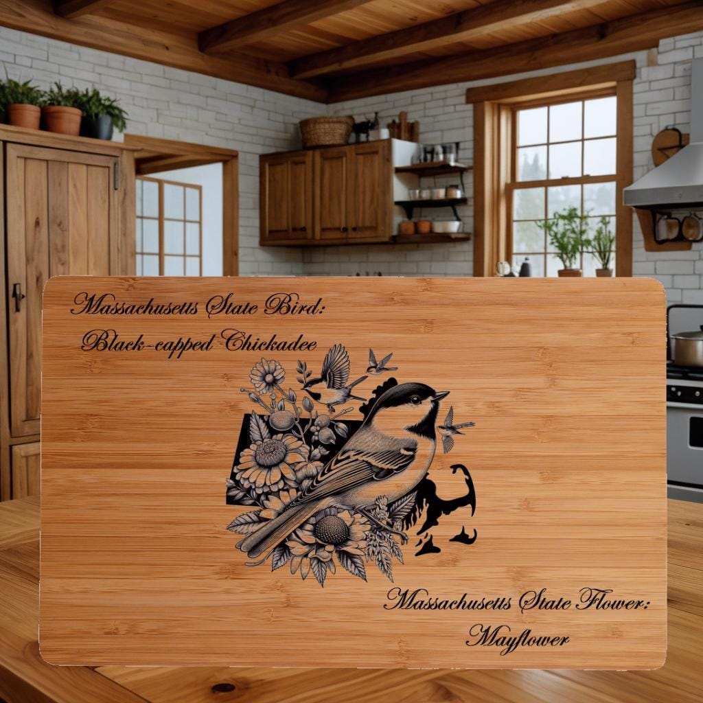 Custom Cutting Board with Massachusetts State Bird and State Flower. Retirement Gift, Birthday, Anniversary or Housewarming Gift.