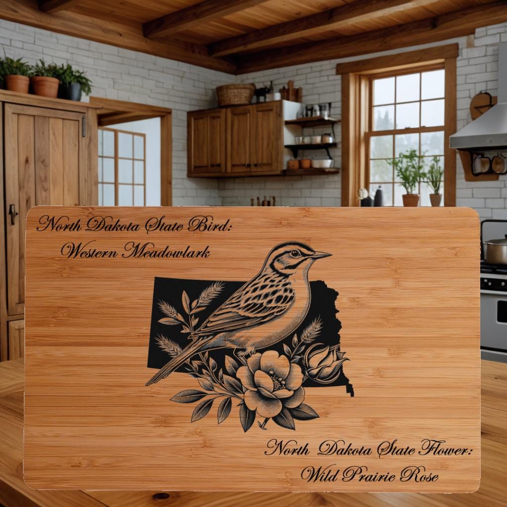 Personalized North Dakota State Bird & Flower Bamboo Cutting Board