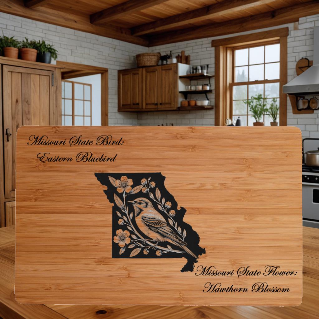 Missouri State Bird and Flower Engraved Bamboo Cutting Board