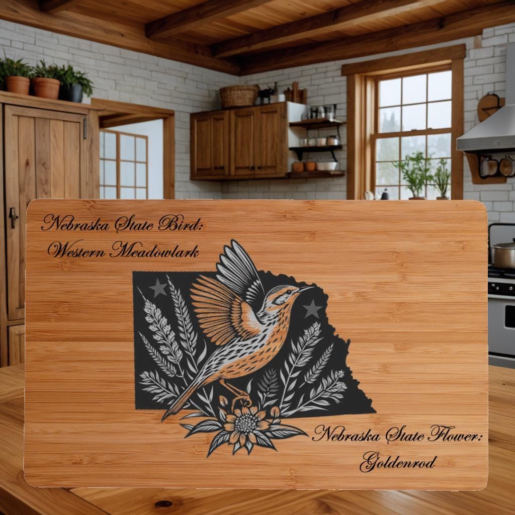 Personalized Cutting Board with Nebraska State Bird and State Flower. Retirement Gift, Birthday, Anniversary or Housewarming Gift.