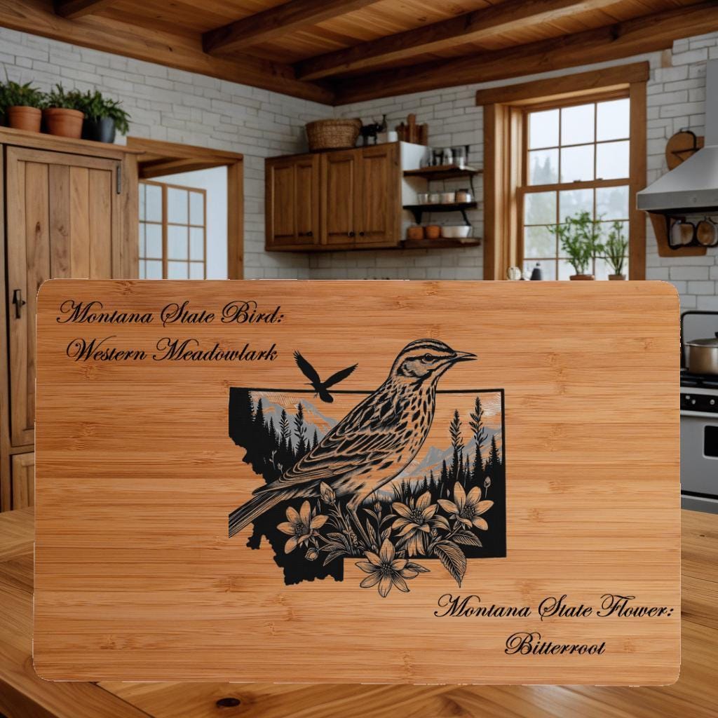 Personalized Montana State Bird and Flower Bamboo Cutting Board