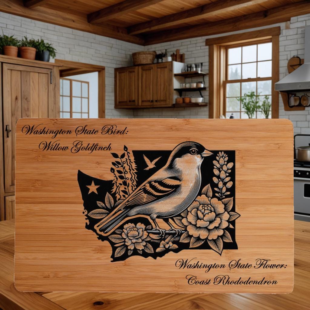 Engraved Washington State Bird and Flower Bamboo Cutting Board