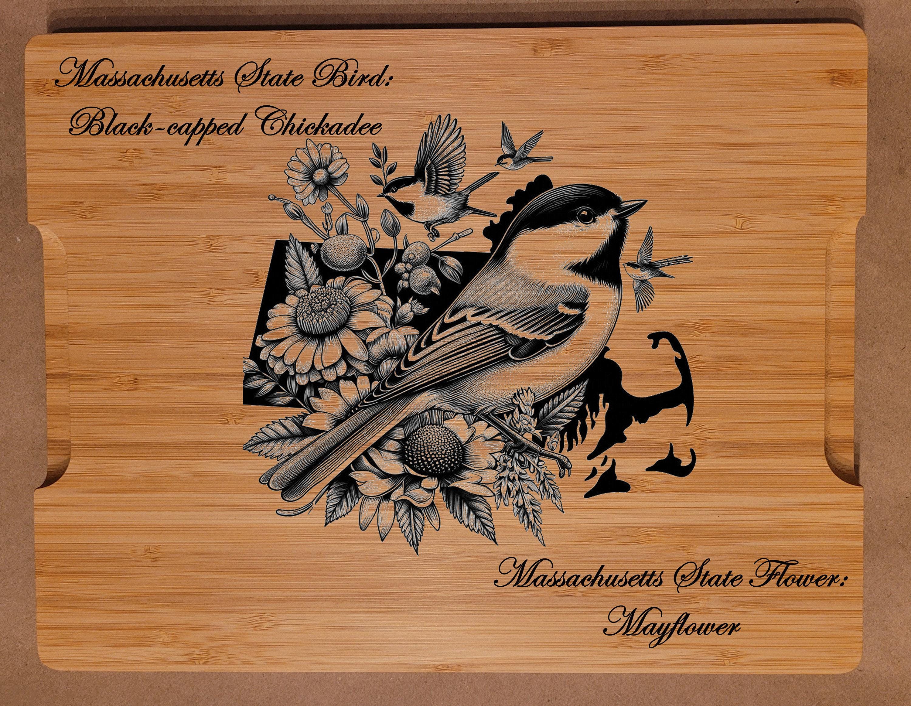 Custom Cutting Board with Massachusetts State Bird and State Flower. Retirement Gift, Birthday, Anniversary or Housewarming Gift.