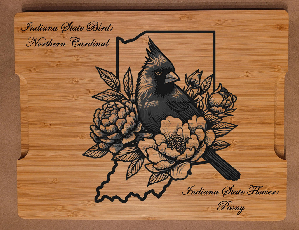 Custom Cutting Board with Indiana State Bird and State Flower. Retirement Gift, Birthday, Anniversary or Housewarming Gift.
