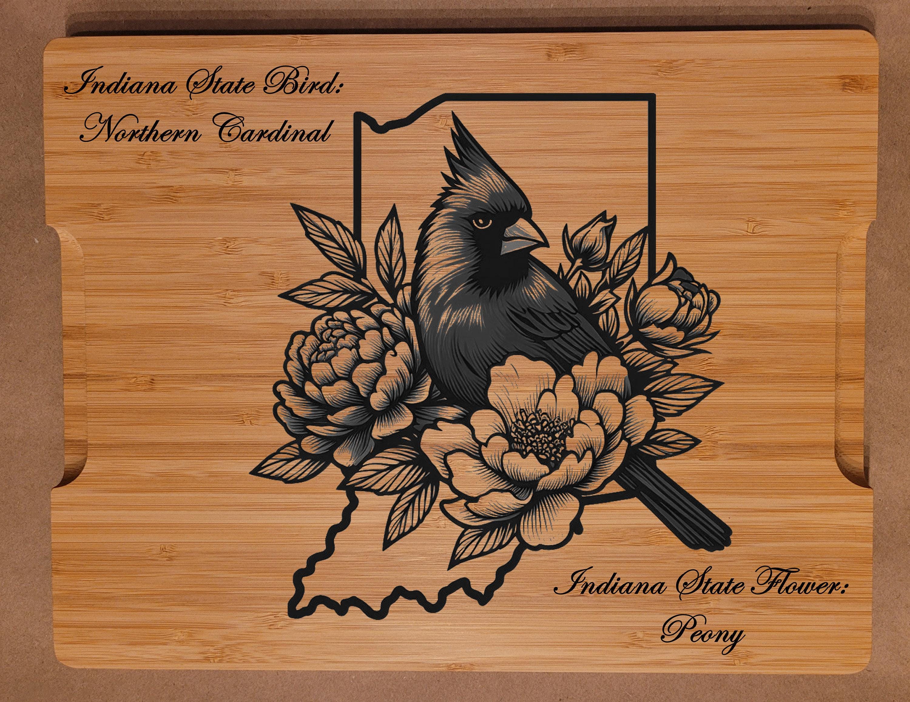 Custom Cutting Board with Indiana State Bird and State Flower. Retirement Gift, Birthday, Anniversary or Housewarming Gift.