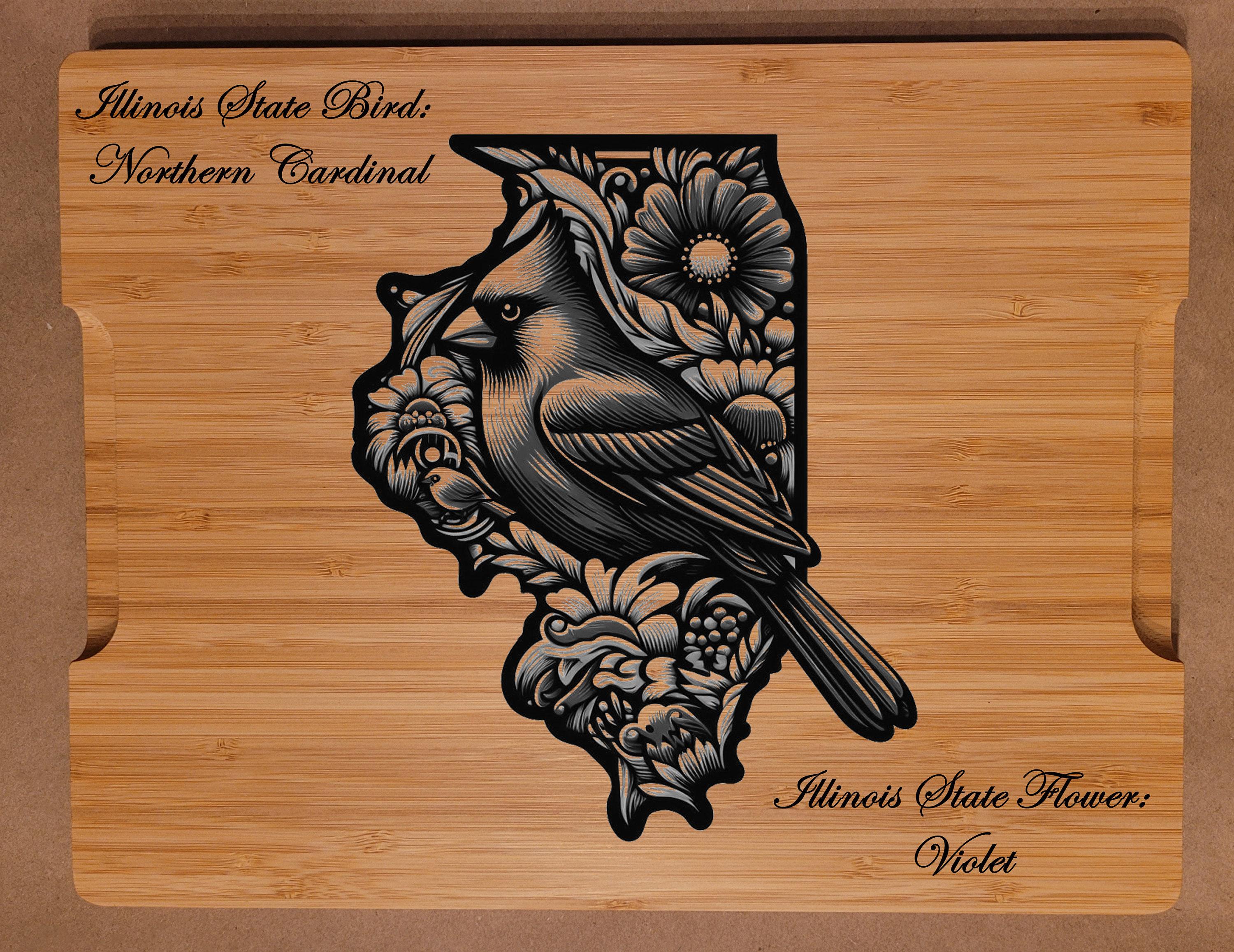 Illinois State Bird and Flower Cutting Board: Personalized Bamboo Gift