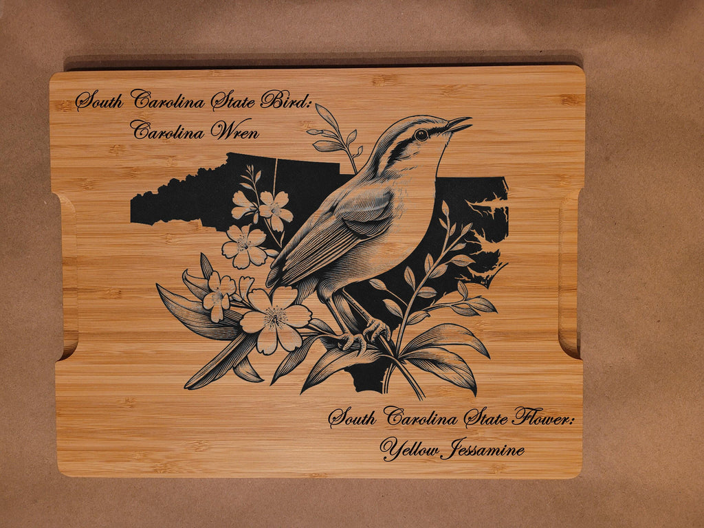 South Carolina State Bird and Flower Bamboo Cutting Board: Engraved Gift