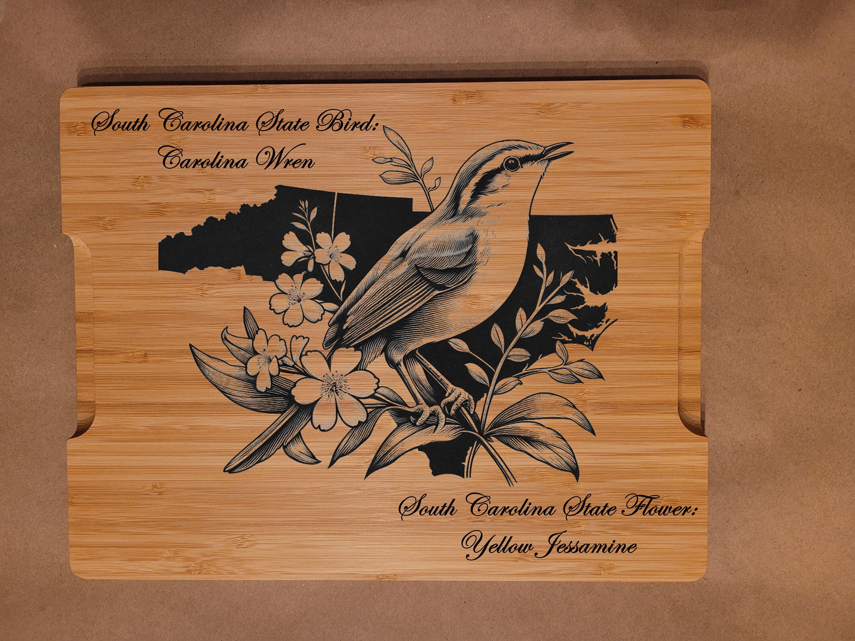 South Carolina State Bird and Flower Bamboo Cutting Board: Engraved Gift
