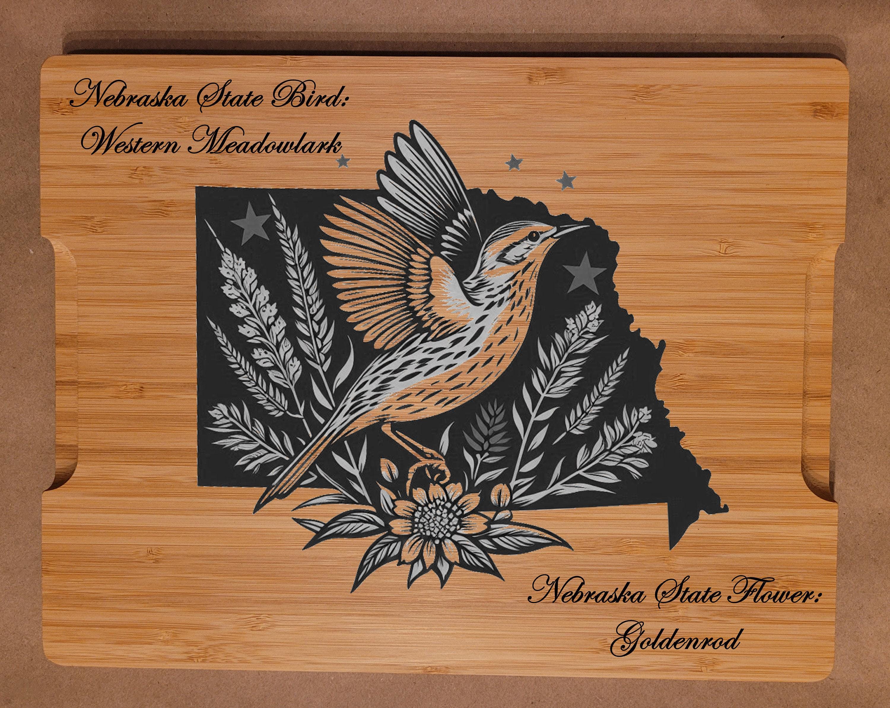 Personalized Cutting Board with Nebraska State Bird and State Flower. Retirement Gift, Birthday, Anniversary or Housewarming Gift.