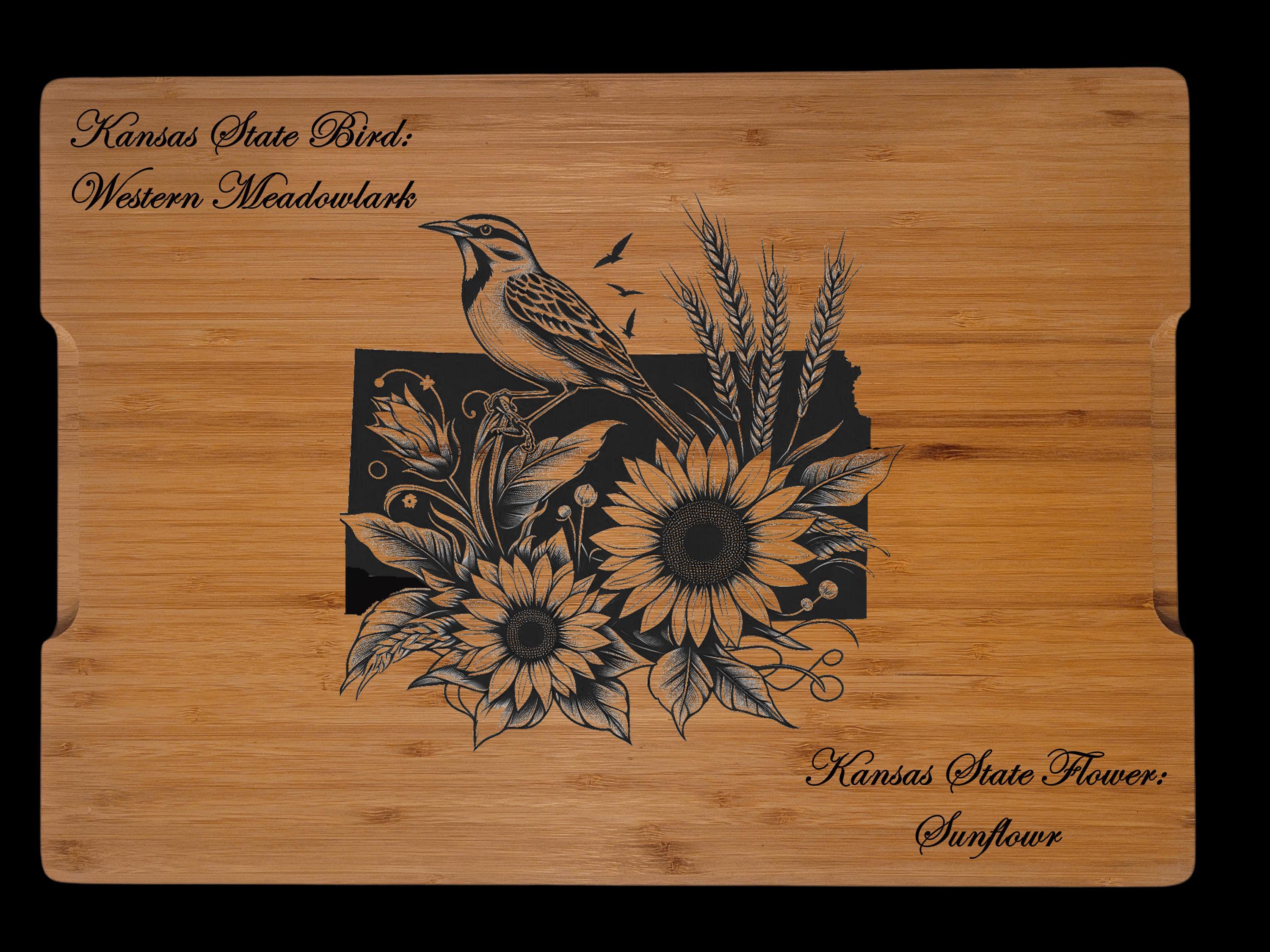 Personalized Kansas State Bird and Flower Bamboo Cutting Board