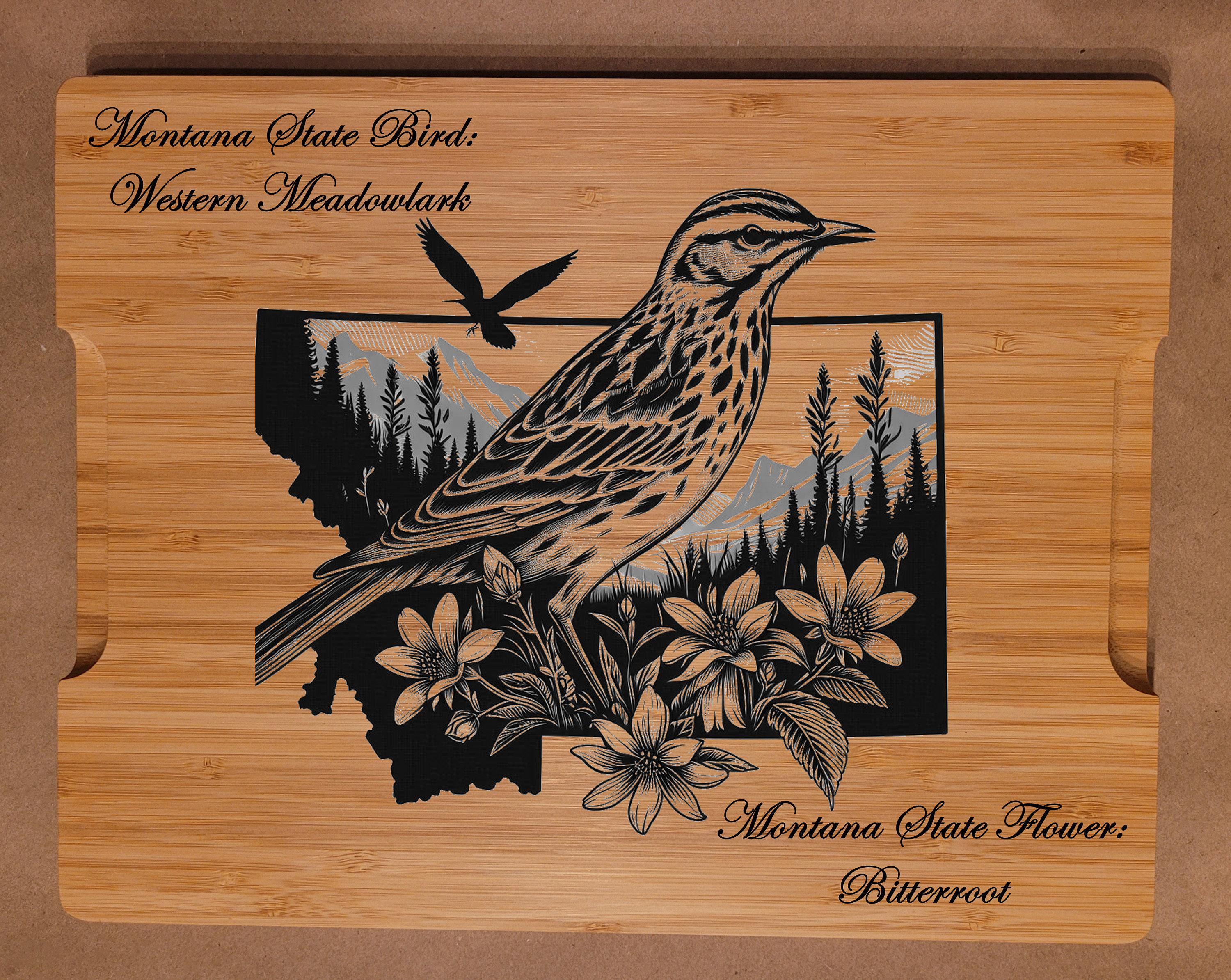 Personalized Montana State Bird and Flower Bamboo Cutting Board