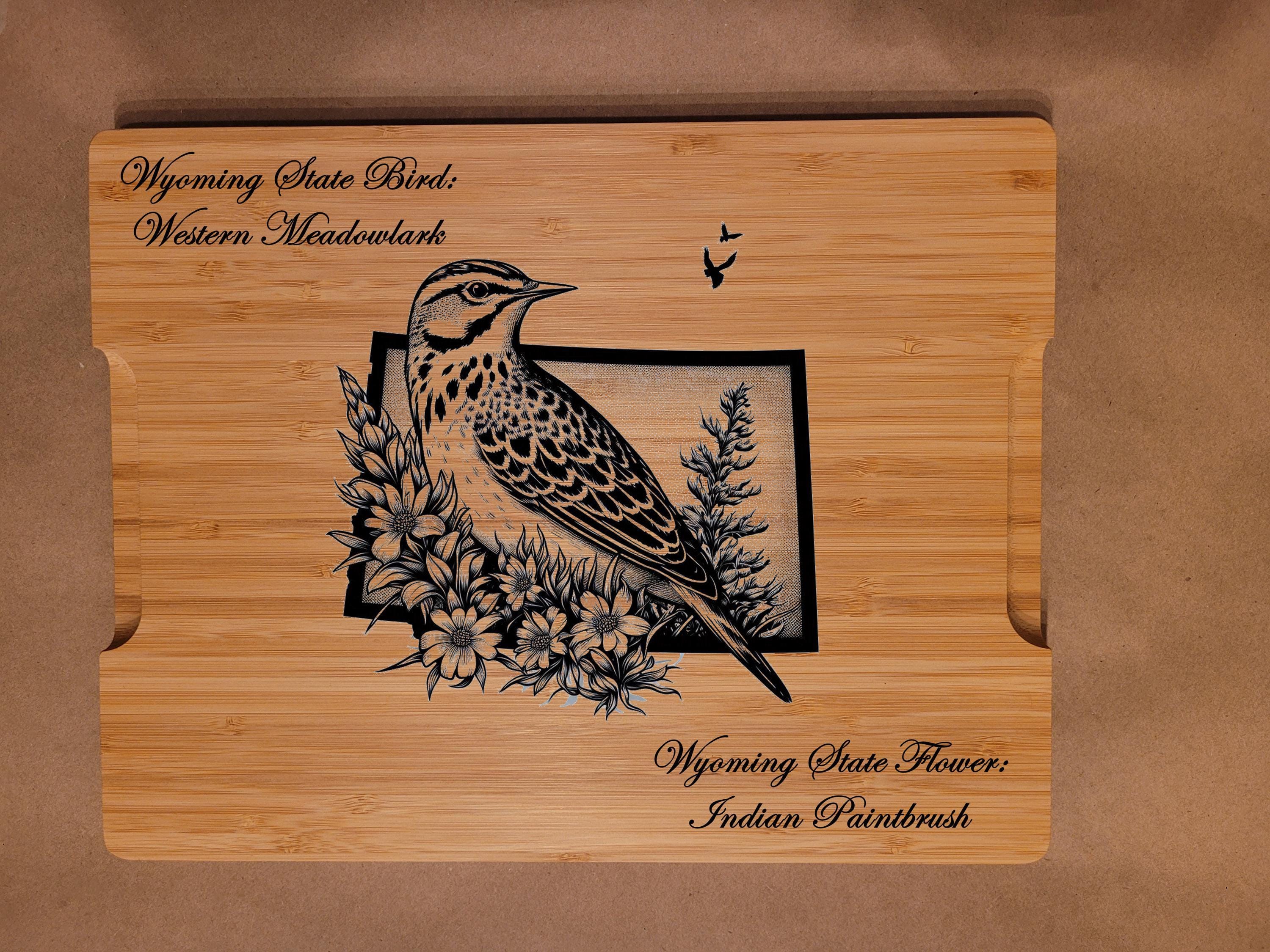 Wyoming State Bird and Flower Bamboo Cutting Board: Engraved Gift