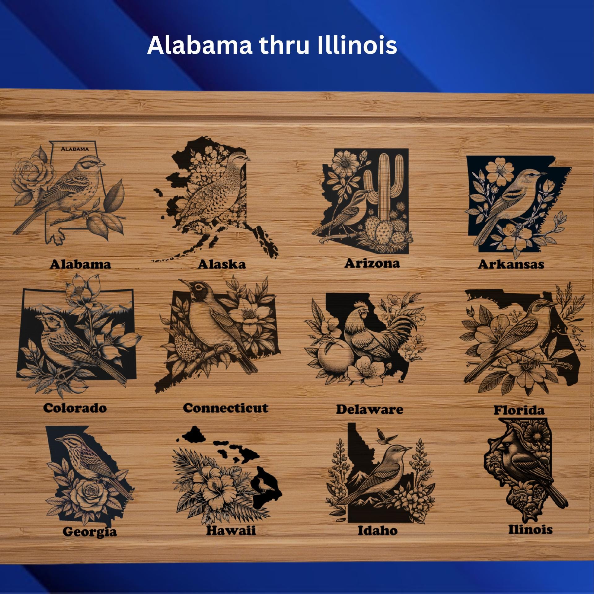 Connecticut State Bird and Flower Bamboo Cutting Board: Engraved Gift