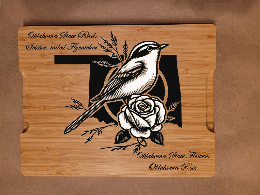 Custom Cutting Board with Rhode Island State Bird and State Flower. Retirement Gift, Birthday, Anniversary or Housewarming Gift.