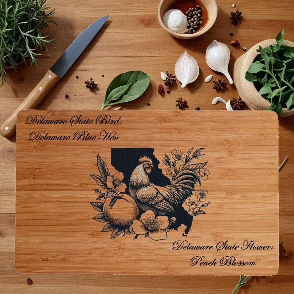 Personalized Cutting Board with Delaware State Bird and State Flower. Retirement Gift, Birthday, Anniversary or Housewarming Gift.