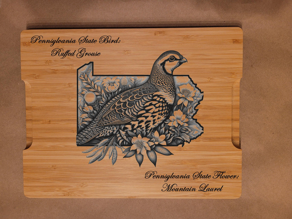 Custom Cutting Board with Rhode Island State Bird and State Flower. Retirement Gift, Birthday, Anniversary or Housewarming Gift.