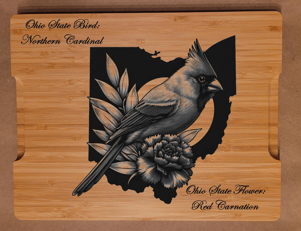 Personalized Ohio Cutting Board: State Bird & Flower Engraved Bamboo