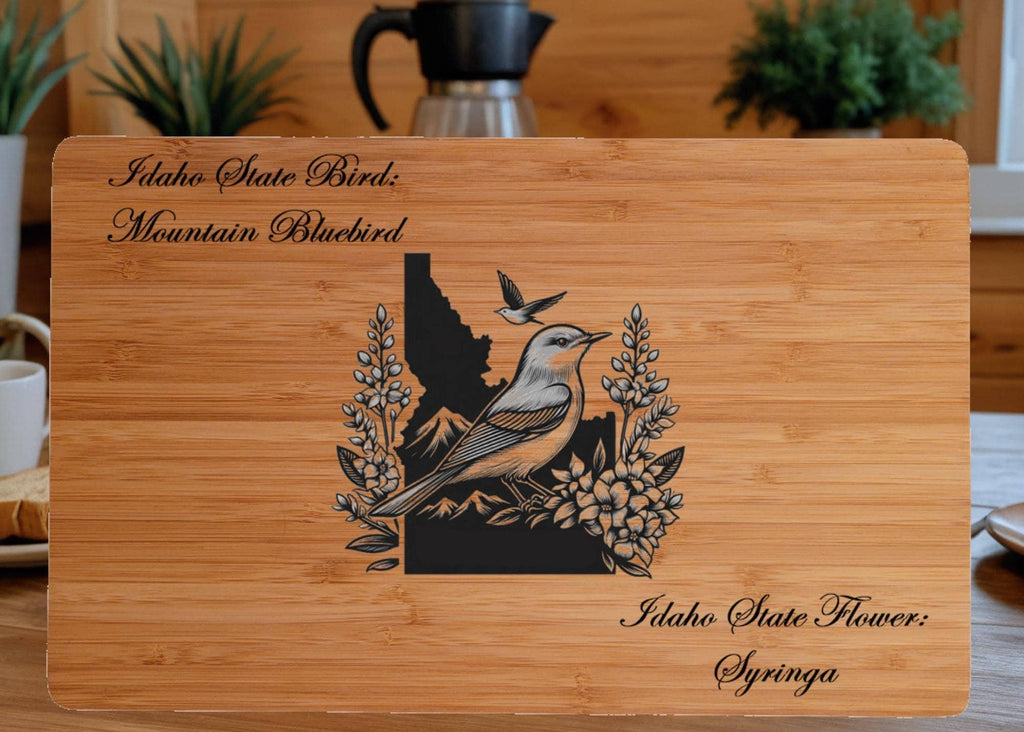 Personalized Cutting Board with Idaho State Bird and State Flower. Retirement Gift, Birthday, Anniversary or Housewarming Gift.