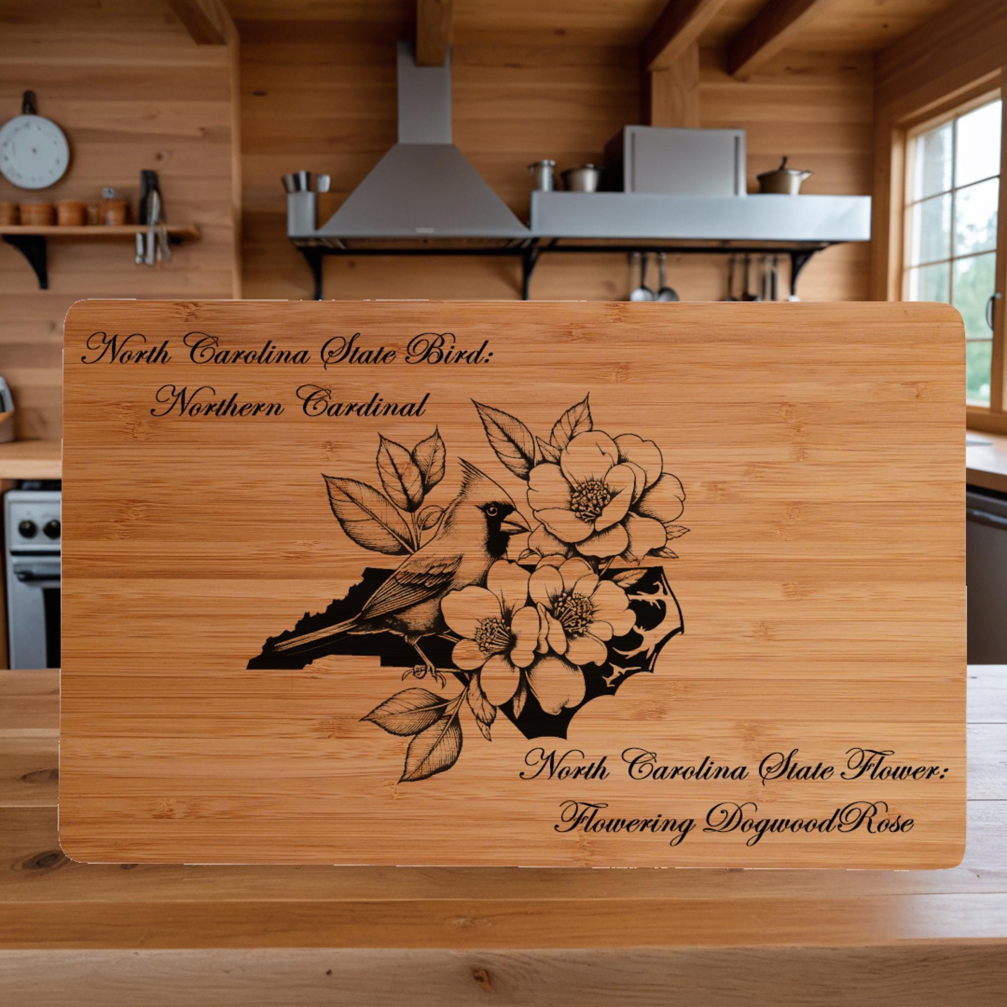 Personalized North Carolina Cutting Board: State Bird & Flower Engraved Bamboo
