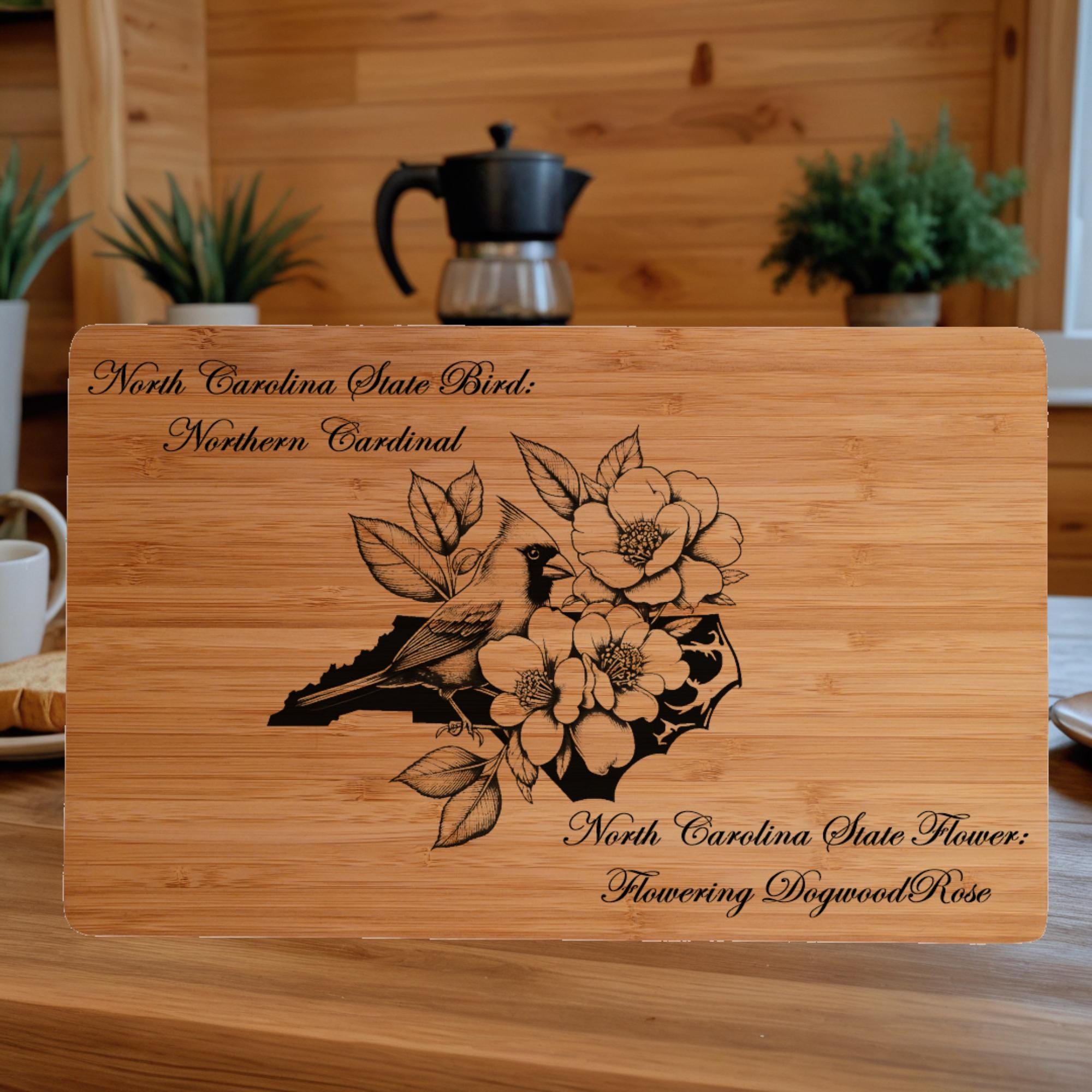 Personalized North Carolina Cutting Board: State Bird & Flower Engraved Bamboo
