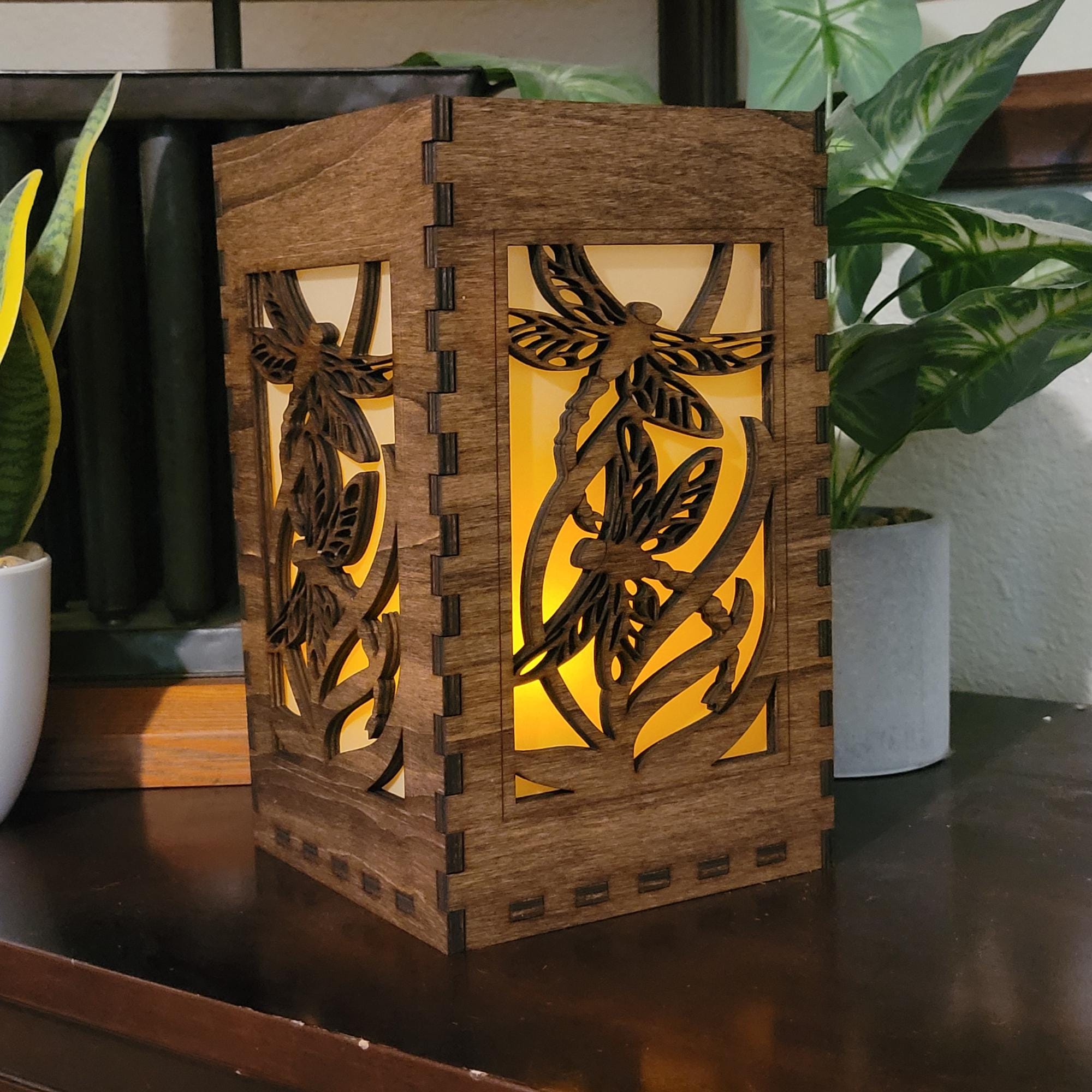 Dragonfly Tea Light Lantern: Basswood Candle Holder, Black or Chestnut Finish