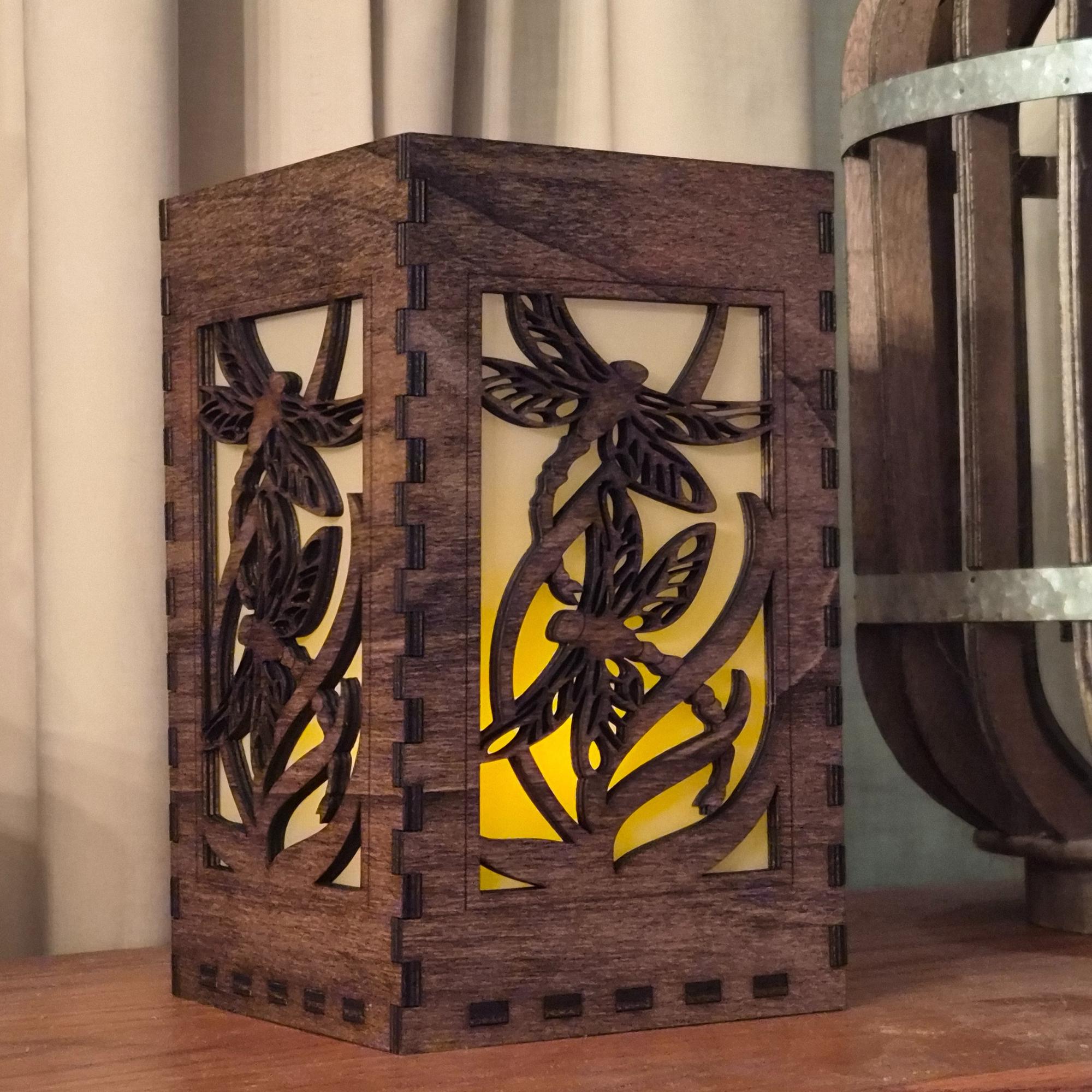 Dragonfly Tea Light Lantern: Basswood Candle Holder, Black or Chestnut Finish