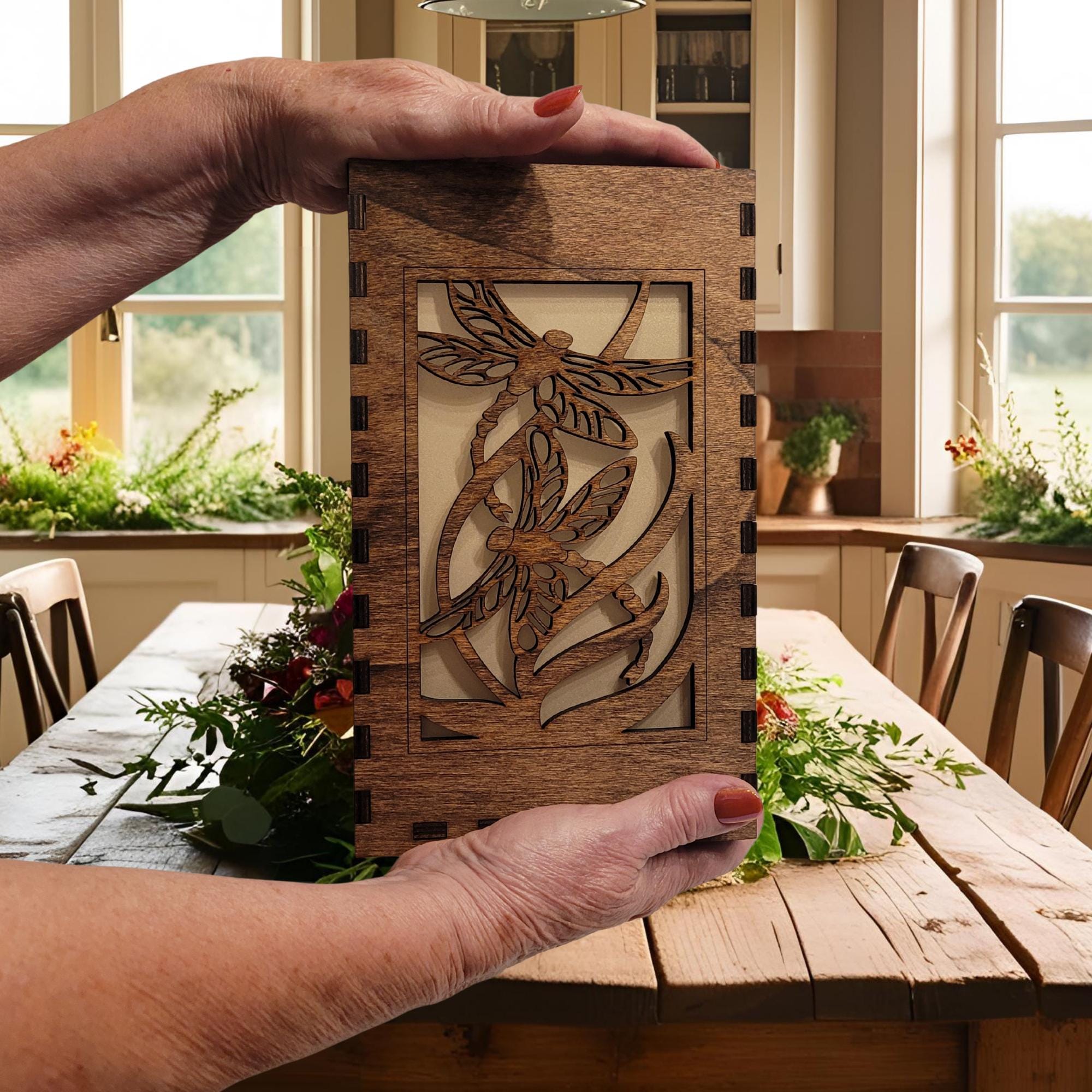 Dragonfly Tea Light Lantern: Basswood Candle Holder, Black or Chestnut Finish
