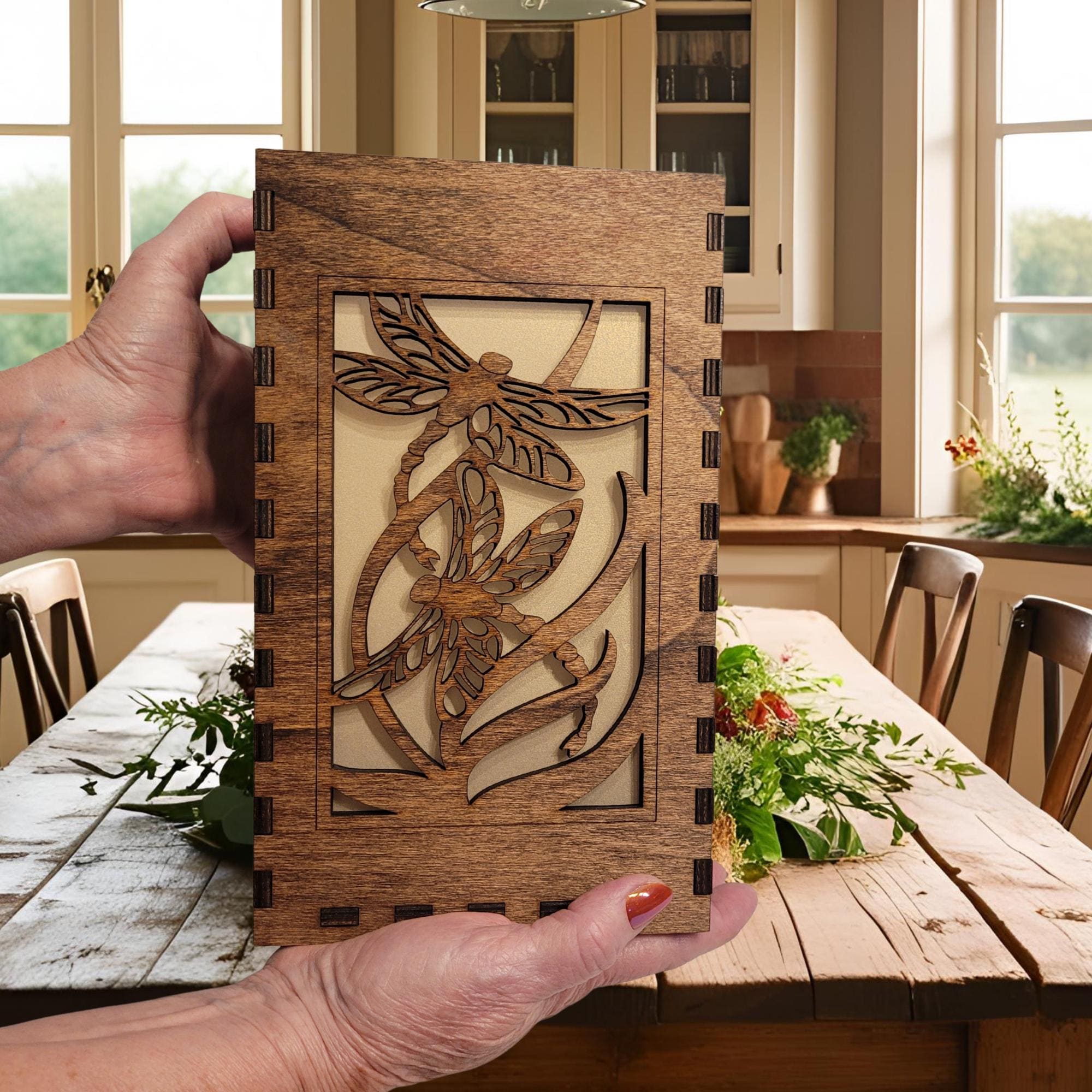 Dragonfly Tea Light Lantern: Basswood Candle Holder, Black or Chestnut Finish